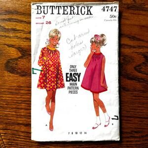 Vintage 1960s Butterick 4747 Sewing Pattern Girls Size S Mini Dress COMPLETE